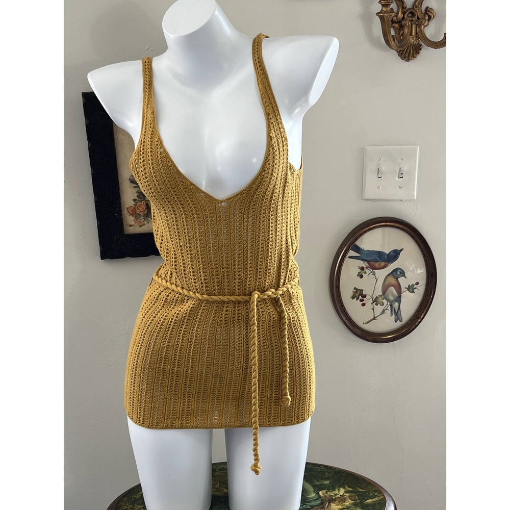 Rag & Bone Mustard Yellow Open Knit Sleeveless Scoop Neck Tank Top Tunic Size 4